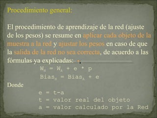 Procedimiento general: El procedimiento de aprendizaje de la red (ajuste de los pesos) se resume en  aplicar cada objeto de la muestra a la red  y  ajustar los pesos  en caso de que la  salida de la red no sea correcta , de acuerdo a las fórmulas ya explicadas:   W N  = W A  + e * p   Bias N  = Bias A  + e Donde  e = t-a t = valor real del objeto a = valor calculado por la Red 