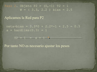 Paso 2 . Objeto P2 = (0,-1) T2 = 1   W = ( 3.3, 2.2 ) bias = 2.5 Aplicamos la Red para P2 neta+bias = 3.3*0 + 2.2*-1 + 2.5 = 0.3 a = hardlims(0.3) = 1 T2 = 1  =  a = 1 Por tanto NO es necesario ajustar los pesos 