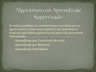 Se realiza mediante un entrenamiento controlado por un agente externo (supervisor, maestro), que determina la respuesta que debería generar la red apartir de una entrada determinada.  Aprendizaje por Corrección de error.  Aprendizaje por Refuerzo.  Aprendizaje Estocástico.  