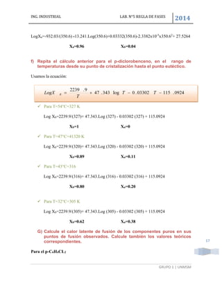 ING. INDUSTRIAL LAB. N°5 REGLA DE FASES
2014
GRUPO 1 | UNMSM
17
LogXa=-932.03/(350.6) -13.241.Log(350.6)+0.03332(350.6)-2.3382x10-5
x350.62
+ 27.5264
Xa=0.96 Xb=0.04
f) Repita el cálculo anterior para el p-diclorobenceno, en el rango de
temperaturas desde su punto de cristalización hasta el punto eutéctico.
Usamos la ecuación:
Donde:
T = Temperatura de cristalización teorica en K.
 Para T=54°C=327 K
Log Xb=2239.9/(327)+ 47.343.Log (327) - 0.03302 (327) + 115.0924
Xb=1 Xa=0
 Para T=47°C=41320 K
Log Xb=2239.9/(320)+ 47.343.Log (320) - 0.03302 (320) + 115.0924
Xb=0.89 Xa=0.11
 Para T=43°C=316
Log Xb=2239.9/(316)+ 47.343.Log (316) - 0.03302 (316) + 115.0924
Xb=0.80 Xa=0.20
 Para T=32°C=305 K
Log Xb=2239.9/(305)+ 47.343.Log (305) - 0.03302 (305) + 115.0924
Xb=0.62 Xa=0.38
G) Calcule el calor latente de fusión de los componentes puros en sus
puntos de fusión observados. Calcule también los valores teóricos
correspondientes.
Para el p-C6H4CL2
 