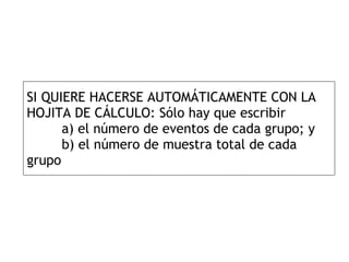 SI QUIERE HACERSE AUTOMÁTICAMENTE CON LA HOJITA DE CÁLCULO: Sólo hay que escribir a) el número de eventos de cada grupo; y b) el número de muestra total de cada grupo 