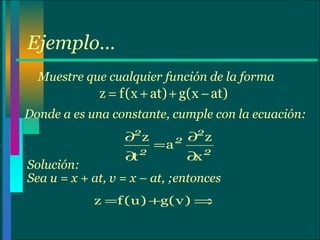 Ejemplo… Muestre que cualquier función de la forma Donde a es una constante, cumple con la ecuación: Solución: Sea u = x + at, v = x – at, ;entonces  