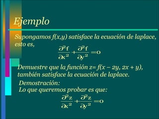 Ejemplo Supongamos f(x,y) satisface la ecuación de laplace, esto es, Demuestre que la función z= f(x – 2y, 2x + y), también satisface la ecuación de laplace. Demostración: Lo que queremos probar es que: 