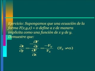 Ejercicio: Supongamos que una ecuación de la forma F(x,y,z) = 0 define a z de manera implícita como una función de x y de y. Demuestre que: 