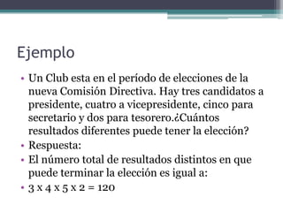 Ejemplo
• Un Club esta en el período de elecciones de la
  nueva Comisión Directiva. Hay tres candidatos a
  presidente, cuatro a vicepresidente, cinco para
  secretario y dos para tesorero.¿Cuántos
  resultados diferentes puede tener la elección?
• Respuesta:
• El número total de resultados distintos en que
  puede terminar la elección es igual a:
• 3 x 4 x 5 x 2 = 120
 
