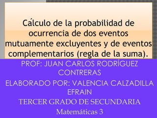 Cálculo de la probabilidad de 
ocurrencia de dos eventos 
mutuamente excluyentes y de eventos 
complementarios (regla de la suma). 
PROF: JUAN CARLOS RODRÍGUEZ 
CONTRERAS 
ELABORADO POR: VALENCIA CALZADILLA 
EFRAIN 
TERCER GRADO DE SECUNDARIA 
Matemáticas 3 
 