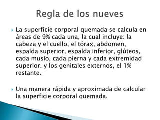  La superficie corporal quemada se calcula en
áreas de 9% cada una, la cual incluye: la
cabeza y el cuello, el tórax, abdomen,
espalda superior, espalda inferior, glúteos,
cada muslo, cada pierna y cada extremidad
superior. y los genitales externos, el 1%
restante.
Una manera rápida y aproximada de calcular
la superficie corporal quemada.