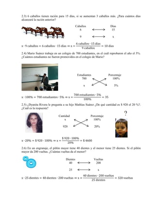 2.3) 6 caballos tienen ración para 15 días, si se aumentan 3 caballos más. ¿Para cuántos días
alcanzará la ración anterior?
Caballos
6
9
x ∙ 9 caballos = 6 caballos ∙ 15 días ⇒ x =

Días
15
x

6 caballos ∙ 15 días
= 10 días
9 caballos

2.4) Mario Suárez trabaja en un colegio de 700 estudiantes, en el cuál reprobaron el año el 5%.
¿Cuántos estudiantes no fueron promovidos en el colegio de Mario?

Estudiantes
700

Porcentaje
100%

x

x ∙ 100% = 700 estudiantes ∙ 5% ⇒ x =

5%

700 estudiantes ∙ 5%
= 35
100%

2.5) ¿Dyanita Rivera le pregunta a su hijo Mathías Suárez ¿De qué cantidad es $ 920 el 20 %?.
¿Cuál es la respuesta?
Cantidad
x

Porcentaje
100%

920

x ∙ 20% = $ 920 ∙ 100% ⇒ x =

20%

$ 920 ∙ 100%
= $ 4600
20%

2.6) En un engranaje, el piñón mayor tiene 40 dientes y el menor tiene 25 dientes. Si el piñón
mayor da 200 vueltas. ¿Cuántas vueltas da el menor?
Dientes
40

Vueltas
200

25

x

x ∙ 25 dientes = 40 dientes ∙ 200 vueltas ⇒ x =

40 dientes ∙ 200 vueltas
= 320 vueltas
25 dientes

 