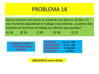 PROBLEMA 18
Quince obreros han hecho la mitad de una obra en 20 días. En
ese momento abandonan el trabajo cinco obreros. ¿Cuántos días
tardarán en terminar el trabajo los obreros que quedan?
A) 24 B) 26 C) 28 D) 30 E) 32
RESPUESTA Se retrasa 10 días
OBREROS Y TIEMPO
SON MAGNITUDES
INVERSAS
SE EFECTUA : 15. 20 = 300
ABANDONAN 5 : 10 .D = 300
RESOLVIENDO : D =30 días
SE RETRAZA 10 DIAS
 