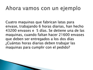 Cuatro maquinas que fabrican latas para
envase, trabajando 6 horas diarias, han hecho
43200 envases e 5 días. Se detiene una de las
maquinas, cuando faltan hacer 21600 envases
que deben ser entregados a los dos días
¿Cuántas horas diarias deben trabajar las
maquinas para cumplir con el pedido?
 