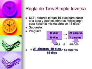 Regla de Tres Simple Inversa
 Si 21 obreros tardan 10 días para hacer
una obra ¿cuántos obreros necesitaran
para hacer la misma obra en 15 días?
 Supuesto
 Pregunta
más a menos
x = 21 obreros .10 dias = 14 obreros
15 dias
10 días
15 días
21 obreros
X obreros
 