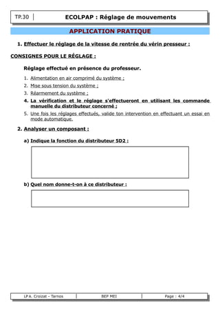 TP.30                       ECOLPAP : Réglage de mouvements

                                 APPLICATION PRATIQUE

    1. Effectuer le réglage de la vitesse de rentrée du vérin presseur :

CONSIGNES POUR LE RÉGLAGE :

       Réglage effectué en présence du professeur.

       1. Alimentation en air comprimé du système ;
       2. Mise sous tension du système ;
       3. Réarmement du système ;
       4. La vérification et le réglage s'effectueront en utilisant les commande
          manuelle du distributeur concerné ;
       5. Une fois les réglages effectués, valide ton intervention en effectuant un essai en
          mode automatique.

    2. Analyser un composant :

       a) Indique la fonction du distributeur 5D2 :




       b) Quel nom donne-t-on à ce distributeur :




       LP A. Croizat - Tarnos              BEP MEI                     Page : 4/4
B
 