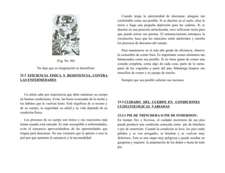 (Fig. No. 80)
No deje que su imaginación se desenfrene
22.3 EFICIENCIA FISICA Y RESISTENCIA, CONTRA
LAS ENFERMEDADES
Un atleta sabe por experiencia que debe mantener su cuerpo
en buenas condiciones. Evite, las horas avanzadas de la noche y
los hábitos que le vuelvan lento. Esté orgulloso de sí mismo y
de su cuerpo; su seguridad, su salud y su vida depende de su
condición física.
Los procesos de su cuerpo son lentos y sus reacciones más
lentas cuando está cansado. Es más susceptible a enfermedades,
evite el cansancio aprovechándose de las oportunidades que
tengan para descansar. No use vestuario que le apriete o roce la
piel por que aumenta el cansancio y la incomodidad.
Cuando tenga la oportunidad de descansar, póngase tan
confortable como sea posible. Si se duerme en el suelo, alise la
tierra y haga una pequeña depresión para las caderas. Si se
duerme en una posición atrincherada, cave suficiente tierra para
que pueda estirar sus piernas. El entumecimiento entorpece la
circulación, hace que los músculos estén adoloridos y estorba
los procesos de descanso del cuerpo.
Para mantenerse en el más alto grado de eficiencia, observe
la costumbre de comer bien. Es importante comer alimentos tan
balanceados como sea posible. Si no tiene ganas de comer una
comida completa, coma algo de cada cosa, parte de la carne,
parte de los vegetales y parte del pan. Mantenga limpios sus
utensilios de comer y su equipo de rancho.
Siempre que sea posible caliente sus raciones.
23.3 CUIDADO DEL CUERPO EN CONDICIONES
CLIMATOLOGICAS VARIADAS
23.3.1 PIE DE TRINCHERA O PIE DE INMERSION:
En tiempo frío y lluvioso, el cuidado incorrecto de sus pies
puede producir una condición conocida como pie de trinchera
o pie de inmersión. Cuando la condición es leve, los pies están
pálidos y se ven arrugados, se hinchan y se vuelven muy
dolorosos. Esta es una etapa muy peligrosa y puede resultar en
gangrena y requiere la amputación de los dedos o hasta de todo
pie.
 