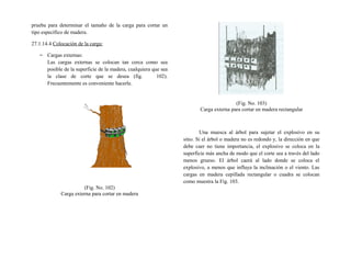 prueba para determinar el tamaño de la carga para cortar un
tipo específico de madera.
27.1.14.4 Colocación de la carga:
− Cargas externas:
Las cargas externas se colocan tan cerca como sea
posible de la superficie de la madera, cualquiera que sea
la clase de corte que se desea (fig. 102).
Frecuentemente es conveniente hacerle.
(Fig. No. 102)
Carga externa para cortar en madera
(Fig. No. 103)
Carga externa para cortar en madera rectangular
Una muesca al árbol para sujetar el explosivo en su
sitio. Si el árbol o madera no es redondo y, la dirección en que
debe caer no tiene importancia, el explosivo se coloca en la
superficie más ancha de modo que el corte sea a través del lado
menos grueso. El árbol caerá al lado donde se coloca el
explosivo, a menos que influya la inclinación o el viento. Las
cargas en madera cepillada rectangular o cuadra se colocan
como muestra la Fig. 103.
 