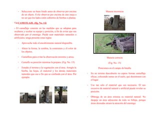 - Seleccione un buen fondo antes de observar por encima
de un objeto. Evite observar por encima de una zanja a
no ser que los lados estén cubiertos de hierbas o plantas.
7.4 CAMUFLAJE. (fig. No. 14)
- El camuflaje consiste en las medidas que se adoptan para
ocultarse y ocultar su equipo y posición, a fin de evitar que sea
observado por el enemigo. Puede usar materiales naturales o
artificiales, tenga presente estas reglas:
- Aproveche todo el encubrimiento natural disponible.
- Altere la forma, la sombra, la contextura y el color de
los objetos.
- Camúflese para evitar la observación terrestre y aérea.
- Camufle su posición mientras la prepara. (Fig. No. 15)
- Estudie el terreno y la vegetación con el área. Arregle la
hierba, las hojas, el matorral y los demás materiales
naturales que use a fin que se confunda con el área. Por
ejemplo:
Manera incorrecta
Manera correcta
(Fig. No. 15)
Posiciones en el campo de batalla
- En un terreno descubierto no espere formar camuflaje
eficaz, colocando ramas en el suelo, que desentonen con
el lugar.
- Use tan solo el material que sea necesario. El uso
excesivo de material natural o artificial puede revelar su
posición.
- Obtenga de un área extensa su material natural. No
despeje un área adyacente de todo su follaje, porque
áreas desnudas atraen la atención del enemigo.
 