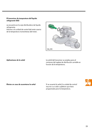 23
246_028
El transmisor de temperatura del líquido
refrigerante G62
se encuentra en la caja distribuidora de líquido
refrigerante.
Informa a la unidad de control del motor acerca
de la temperatura momentánea del motor.
La señal del transmisor se emplea para el
comienzo del reglaje de distribución variable en
función de la temperatura.
Si se ausenta la señal, la unidad de control
recurre a un valor supletorio que tiene
programado para la temperatura.
Efectos en caso de ausentarse la señal
Aplicaciones de la señal
 