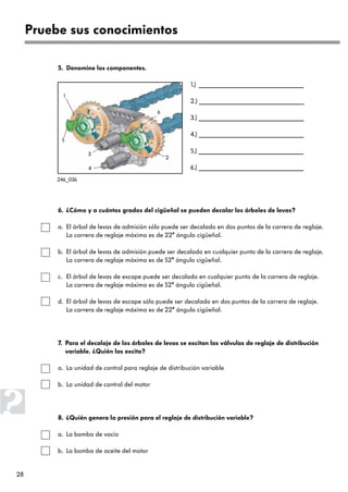 28
6. ¿Cómo y a cuántos grados del cigüeñal se pueden decalar los árboles de levas?
a. El árbol de levas de admisión sólo puede ser decalado en dos puntos de la carrera de reglaje.
La carrera de reglaje máxima es de 22° ángulo cigüeñal.
b. El árbol de levas de admisión puede ser decalado en cualquier punto de la carrera de reglaje.
La carrera de reglaje máxima es de 52° ángulo cigüeñal.
c. El árbol de levas de escape puede ser decalado en cualquier punto de la carrera de reglaje.
La carrera de reglaje máxima es de 52° ángulo cigüeñal.
d. El árbol de levas de escape sólo puede ser decalado en dos puntos de la carrera de reglaje.
La carrera de reglaje máxima es de 22° ángulo cigüeñal.
7. Para el decalaje de los árboles de levas se excitan las válvulas de reglaje de distribución
variable. ¿Quién las excita?
a. La unidad de control para reglaje de distribución variable
b. La unidad de control del motor
8. ¿Quién genera la presión para el reglaje de distribución variable?
a. La bomba de vacío
b. La bomba de aceite del motor
Pruebe sus conocimientos
1
3
4
2
5
6
5. Denomine los componentes.
1.) ________________________________
2.) ________________________________
3.) ________________________________
4.) ________________________________
5.) ________________________________
6.) ________________________________
246_036
 