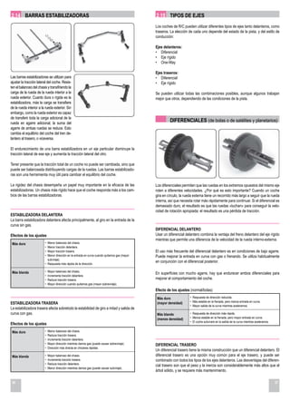 2.14 BARRAS ESTABILIZADORAS                                                                    2.15 TIPOS DE EJES
                                                                                               Los coches de R/C pueden utilizar diferentes tipos de ejes tanto delanteros, como
                                                                                               traseros. La elección de cada uno depende del estado de la pista, y del estilo de
                                                                                               conducción:

                                                                                               Ejes delanteros:
                                                                                               • Diferencial
                                                                                               • Eje rígido
                                                                                               • One-Way

                                                                                               Ejes traseros:
Las barras estabilizadoras se utilizan para                                                    • Diferencial
ajustar la tracción lateral del coche. Resis-                                                  • Eje rígido
ten el balanceo del chasis y transfiriendo la
carga de la rueda de la rueda interior a la                                                    Se pueden utilizar todas las combinaciones posibles, aunque algunos trabajan
rueda exterior. Cuanto dura o rígida es la                                                     mejor que otros, dependiendo de las condiciones de la pista.
estabilizadora, más la carga se transfiere
de la rueda interior a la rueda exterior. Sin
embargo, como la rueda exterior es capaz
de transferir toda la carga adicional de la
rueda en agarre adicional, la suma del
                                                                                                        DIFERENCIALES (de bolas o de satélites y planetarios)
agarre de ambas ruedas se reduce. Esto
cambia el equilibrio del coche del tren de-
lantero al trasero, o viceversa.

El endurecimiento de una barra estabilizadora en un eje particular disminuye la
tracción lateral de ese eje y aumenta la tracción lateral del otro.

Tener presente que la tracción total de un coche no puede ser cambiada, sino que
puede ser balanceada distribuyendo cargas de la ruedas. Las barras estabilizado-
ras son una herramienta muy útil para cambiar el equilibrio del coche.

La rigidez del chasis desempeña un papel muy importante en la eficacia de las                  Los diferenciales permiten que las ruedas en los extremos opuestos del mismo eje
estabilizadoras. Un chasis más rígido hace que el coche responda más a los cam-                roten a diferentes velocidades. ¿Por qué es esto importante? Cuando un coche
bios de las barras estabilizadoras.                                                            gira en círculo, la rueda externa tiene un recorrido más largo a seguir que la rueda
                                                                                               interna, así que necesita rotar más rápidamente para continuar. Si el diferencial es
                                                                                               demasiado duro, el resultado es que las ruedas «luchan» para conseguir la velo-
                                                                                               cidad de rotación apropiada; el resultado es una pérdida de tracción.
ESTABILIZADORA DELANTERA
La barra estabilizadora delantera afecta principalmente, al giro en la entrada de la
curva sin gas.
                                                                                               DIFERENCIAL DELANTERO
Efectos de los ajustes                                                                         Usar un diferencial delantero combina la ventaja del freno delantero del eje rígido
                                                                                               mientras que permite una diferencia de la velocidad de la rueda interno-externa.
 Más dura                • Menor balanceo del chasis.
                         • Menor tracción delantera.
                         • Mayor tracción trasera.                                             El uso más frecuente del diferencial delantero es en condiciones de bajo agarre.
                         • Menor dirección en la entrada en curva cuando quitamos gas (mayor   Puede mejorar la entrada en curva con gas o frenando. Se utiliza habitualmente
                           subviraje).
                                                                                               en conjunción con el diferencial posterior.
                         • Respuesta más rápida de la dirección.

 Más blanda              •   Mayor balanceo del chasis.
                                                                                               En superficies con mucho agarre, hay que endurecer ambos diferenciales para
                         •   Incrementa tracción delantera.
                         •   Reduce tracción trasera.                                          mejorar el comportamiento del coche.
                         •   Mayor dirección cuando quitamos gas (mayor sobreviraje).
                                                                                               Efecto de los ajustes (normal/bolas)
                                                                                                Más duro              • Respuesta de dirección reducida.
                                                                                                                      • Más estable en la frenada, pero menos entrada en curva.
ESTABILIZADORA TRASERA                                                                          (mayor densidad)
                                                                                                                      • Mayor salida de la curva mientras aceleramos.
La estabilizadora trasera afecta sobretodo la estabilidad de giro a mitad y salida de
curva con gas.                                                                                  Más blando            • Respuesta de dirección más rápida.
                                                                                                (menos densidad)      • Menos estable en la frenada, pero mayor entrada en curva.
                                                                                                                      • El coche subvirará en la salida de la curva mientras aceleramos.
Efectos de los ajustes
 Más dura                •   Menor balanceo del chasis.
                         •   Reduce tracción trasera.
                         •   Incrementa tracción delantera.
                         •   Mayor dirección mientras damos gas (puede causar sobreviraje).    DIFERENCIAL TRASERO
                         •   Dirección más directa en chicanes rápidas.
                                                                                               Un diferencial trasero tiene la misma construcción que un diferencial delantero. El
 Más blanda              •   Mayor balanceo del chasis.                                        diferencial trasero es una opción muy común para el eje trasero, y puede ser
                         •   Incrementa tracción trasera.                                      combinado con todos los tipos de los ejes delanteros. Las desventajas del diferen-
                         •   Reduce tracción delantera.
                                                                                               cial trasero son que el peso y la inercia son considerablemente más altos que el
                         •   Menor dirección mientras damos gas (puede causar subviraje).
                                                                                               árbol sólido, y se requiere más mantenimiento.

36                                                                                                                                                                                         37
 