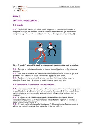 SHOOT-BALL, un gran deporte!
REGLA 5.
INVASIÓN. CONSECUENCIAS .
5.1 Invasión
5.1.1 Se considera invasión del campo cuando un jugador/a eliminado/da abandona el
campo de su equipo por el centro. Es decir, cualquier parte de la línea que divide ambos
campos, en lugar de hacerlo por las bandas invadiendo el campo contrario. (ver fig. 8)
Fig. 8 El jugador/a eliminado/da invade el campo contrario cuando se dirige hacia la zona base.
5.1.2 Para que se trate de una invasión, es necesario que el jugador/a esté previamente
eliminado.
5.1.3 Sólo hace falta que un solo pie esté dentro el campo contrario. En caso de que esté
pisando la línea entonces su equipo sólo perdería la posesión de la pelota.
5.1.4 También se considera invasión si el/la base, durante la fase final del juego, al
abandonar la zona base y dirigirse a su campo, invade el campo contrario.
5.2 Consecuencias de una invasión y su procedimiento:
5.2.1 Una vez cometida la infracción, del árbitro interrumpirá inmediatamente el juego con
una señal acústica (pito) intermitente y levantando las dos manos. El árbitro mira el número
de la camiseta del jugador/a que ha realizado la infracción y procede a eliminar a otro
jugador/a .
5.2.2 El jugador/a que queda automáticamente eliminado es el que tiene el número
inmediatamente superior (si no hubiera número inmediatamente superior, se eliminará el
número inmediatamente inferior).
5.2.3 Si, tras resultar eliminado el último jugador/a del campo invade el campo contrario,
el base que entra al campo, perderá la posesión de los dos esféricos.
13
 