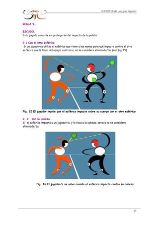 SHOOT-BALL, un gran deporte!
REGLA 9-
ESCUDO.
Esta jugada consiste en protegerse del impacto de la pelota.
9.1 Con el otro esférico.
Si un jugador/a utiliza el esférico que tiene a las manos para qué impacte contra el otro
esférico que le tiran del equipo contrario, no se considera eliminado/da. (ver fig. 15)
Fig. 15 El jugador impide que el esférico impacte sobre su cuerpo con el otro esférico
9. 2 . Con la cabeza
Si el esférico impacta a un jugador/a, y le toca a la cabeza, este/a no se considera
eliminado/da.
Fig. 16 El jugador/a se salva cuando el esférico impacta contra su cabeza.
17
 