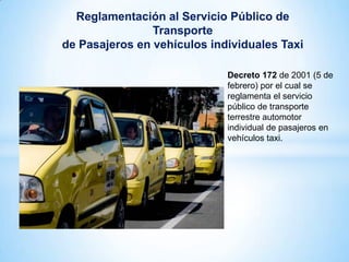 Reglamentación al Servicio Público de
                Transporte
de Pasajeros en vehículos individuales Taxi

                             Decreto 172 de 2001 (5 de
                             febrero) por el cual se
                             reglamenta el servicio
                             público de transporte
                             terrestre automotor
                             individual de pasajeros en
                             vehículos taxi.
 