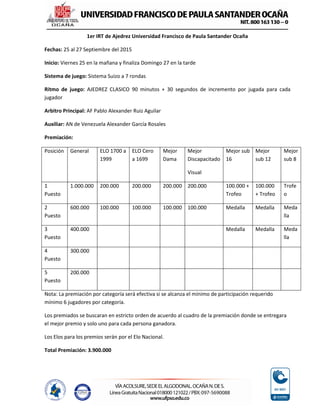 1er IRT de Ajedrez Universidad Francisco de Paula Santander Ocaña
Fechas: 25 al 27 Septiembre del 2015
Inicio: Viernes 25 ...