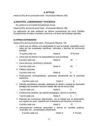 II. APTITUD
Hasta el 25% de la puntuación total.—Puntuación Máxima: 600


a) INICIATIVA, LABORIOSIDAD Y EFICIENCIA
  Se contiene en el Crédito Escalafonario Anual.
Hasta el 20% de la puntuación total.—Puntuación Máxima: 480
La calificación de este subfactor se obtiene promediando los cinco Créditos
Escalafonarios Anuales inmediatos anteriores a la fecha del Catálogo aplicable.


b) OTRAS ACTIVIDADES
Hasta el 5% de la puntuación total.—Puntuación Máxima: 120
   1. Libros que se refieran a la especialidad en que se trabaja, aceptados como
      útiles por las sociedades científicas, culturales o técnicas de reconocido
      prestigio.
      12 puntos cada uno                           Hasta 6:           72 Puntos.
   2. Libros que se refieran a la especialidad en que se trabaja.
      8 puntos cada uno                            Hasta 6:           48       “
   3. Libros técnicos, científicos o artísticos.
      4 puntos cada uno                            Hasta 3:           24       “
   4. Folletos culturales.
      3 puntos cada uno.                           Hasta 8:           9        “
   5. Publicaciones mimeografiadas, aprobadas oficialmente por la autoridad
      respectiva.
          3 puntos cada uno.                          Hasta 3:             9       “
   6. Artículos periodísticos culturales, publicados en diarios y revistas de reconocido
      prestigio y de circulación nacional o estatal. (No más de uno por año).
      1 punto cada uno.                            Hasta 5:           5        “
   7. Conferencias dictadas, de carácter pedagógico, técnico o científico.
      1 punto cada una.                            Hasta 3:           3        “
   8. Patentes de invenciones relacionadas con el trabajo que se desempeña,
      con registro de autor, expedido por la Secretaría de Industria y Comercio.
      4 puntos cada una.                           Hasta 3:           12       “
   9. participaciones artísticas personales y activas en recitales poéticos,
      musicales, etc., comprobados oficialmente.
         2 puntos cada una                            Hasta 3:             6 Puntos


                                          37
 