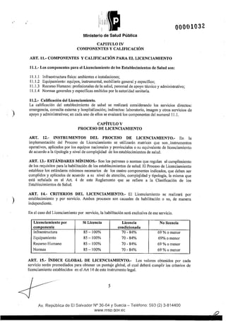 )
)
Ministerio de Salud Pública
CAPITULO IV
COMPONENTES Y CALIFICACIÓN
00001032
ART. 11.- COMPONENTES Y CALIFICACIÓN PARA EL LICENCIAMIENTO
11.1.- Los componentes para el Licenciamiento de los Establecimientos de Salud son:
11.1.1 Infraestructura fisica: ambientes e instalaciones;
11.1.2 Equipamiento: equipos, instrumental, mobiliario general y específico;
11.1.3 Recurso Humano: profesionales de la salud, personal de apoyo técnico y administrativo;
11.1.4 Normas generales y específicas emitidas por la autoridad sanitaria.
11.2.- Calificación del Licenciamiento.
La calificación del establecimiento de salud se realizará considerando los serviCIOS directos:
emergencia, consulta externa y hospitalización; indirectos: laboratorio, imagen y otros servicios de
apoyo y administrativos; en cada uno de ellos se evaluará los componentes del numeral 11.1.
CAPÍTULO V
PROCESO DE LICENCIAMIENTO
ART. 12.- INSTRUMENTOS DEL PROCESO DE LICENCIAMIENTO.- En la
implementación del Proceso de Licenciamiento se utilizarán matrices que son _instrumentos
operativos, aplicados por los equipos nacionales y provinciales o su equivalente de licenciamiento
de acuerdo a la tipología y nivel de complejidad de los establecimientos de salud.
ART. 13.- ESTÁNDARES MÍNIMOS.- Son los patrones o normas que regulan el cumplimiento
de los requisitos para la habilitación de los establecimientos de salud. El Proceso de Licenciamiento
establece los estándares mínimos necesarios de los cuatro componentes indicados, que deben ser
cumplidos y aplicados de acuerdo a su nivel de atención, complejidad y tipología, la misma que
está señalada en el Art. 4 de este Reglamento que se refiere a la Clasificación de los
Establecimientos de Salud.
ART. 14.- CRITERIOS DEL LICENCIAMIENTO.- El Licenciamiento se realizará por
establecimiento y por servicio. Ambos procesos son causales de habilitación o no, de manera
independiente.
En el caso del Licenciamiento por servicio, la habilitación será exclusiva de ese servicio.
Licenciamiento por Si Licencia Licencia No licencia
componente condicionada
Infraestructura 85- 100% 70-84% 69% o menor
Equipamiento 85- 100% 70-84% 69% o menor
Recurso Humano 85- 100% 70-84% 69% o menor
Normas 85- 100% 70-84% 69% o menor
ART. 15.- ÍNDICE GLOBAL DE LICENCIAMIENTO.- Los valores obtenidos por cada
servicio serán promediados para obtener un puntaje global, el cual deberá cumplir los criterios de
licenciamiento establecidos en el Art 14 de este instrumento legal.
----"--
5
Av. República de El Salvador N° 36-64 y Suecia- Teléfono: 593 (2) 3-814400
www.msp.qov.ec
 