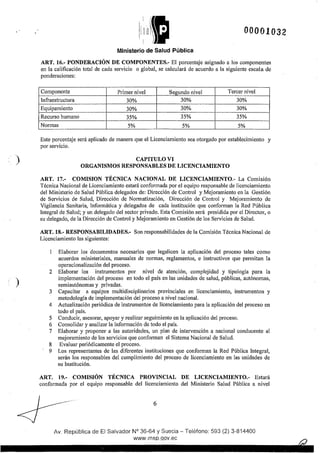 )
)
00001032
Ministerio de Salud Pública
ART. 16.- PONDERACIÓN DE COMPONENTES.- El porcentaje asignado a los componentes
en la calificación total de cada servicio o global, se calculará de acuerdo a la siguiente escala de
ponderaciones:
Componente Primer nivel Segundo nivel Tercer nivel
Infraestructura 30% 30% 30%
Equipamiento 30% 30% 30%
Recurso humano 35% 35% 35%
Normas 5% 5% 5%
Este porcentaje será aplicado de manera que el Licenciamiento sea otorgado por establecimiento y
por servicio.
CAPITULO VI
ORGANISMOS RESPONSABLES DE LICENCIAMIENTO
ART. 17.- COMISION TÉCNICA NACIONAL DE LICENCIAMIENTO.- La Comisión
Técnica Nacional de Licenciamiento estará conformada por el equipo responsable de licenciamiento
del Ministerio de Salud Pública delegados de: Dirección de Control y Mejoramiento en la Gestión
de Servicios de Salud, Dirección de Normalización, Dirección de Control y Mejoramiento de
Vigilancia Sanitaria, Informática y delegados de cada institución que conforman la Red Pública
Integral de Salud; y un delegado del sector privado. Esta Comisión será presidida por el Director, o
su delegado, de la Dirección de Control y Mejoramiento en Gestión de los Servicios de Salud.
ART. 18.- RESPONSABILIDADES.- Son responsabilidades de la Comisión Técnica Nacional de
Licenciamiento las siguientes:
Elaborar los documentos necesarios que legalicen la aplicación del proceso tales como
acuerdos ministeriales, manuales de normas, reglamentos, e instructivos que permitan la
operacionalización del proceso.
2 Elaborar los instrumentos por nivel de atención, complejidad y tipología para la
implementación del proceso en todo el país en las unidades de salud, públicas, autónomas,
semiautónomas y privadas.
3 Capacitar a equipos multidisciplinarios provinciales en licenciamiento, instrumentos y
metodología de implementación del proceso a nivel nacional.
4 Actualización periódica de instrumentos de licenciamiento para la aplicación del proceso en
todo el país.
5 Conducir, asesorar, apoyar y realizar seguimiento en la aplicación del proceso.
6 Consolidar y analizar la información de todo el país.
7 Elaborar y proponer a las autoridades, un plan de intervención a nacional conducente al
mejoramiento de los servicios que conforman el Sistema Nacional de Salud.
8 Evaluar periódicamente el proceso.
9 Los representantes de las diferentes instituciones que conforman la Red Pública Integral,
serán los responsables del cumplimiento del proceso de licenciamiento en las unidades de
su Institución.
ART. 19.- COMISIÓN TÉCNICA PROVINCIAL DE LICENCIAMIENTO.- Estará
conformada por el equipo responsable del licenciamiento del Ministerio Salud Pública a nivel
-----.
6
Av. República de El Salvador N° 36-64 y Suecia- Teléfono: 593 (2) 3-814400
www.msp.[Jov.ec
 