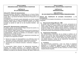TÍTULO CUARTO                                                                 TÍTULO CUARTO
        REMUNERACIONES, ASIGNACIONES E INCENTIVOS                                     REMUNERACIONES, ASIGNACIONES E INCENTIVOS

                           CAPÍTULO XI                                                                    CAPÍTULO XI
                     DE LAS REMUNERACIONES                                                              REMUNERACIONES

Artículo 55º.- Política de remuneraciones                                                          SUB CAPITULO I
Las remuneraciones, aguinaldos y asignaciones en la Carrera Pública              DE LOS CONCEPTOS GENERALES SOBRE REMUNERACIONES
Magisterial, son determinados por el Poder Ejecutivo en el marco de la
Ley N° 28411, Ley General del Sistema Nacional de Presupuesto y sus          Artículo 124.- Clasificación de conceptos remunerativos               y no
modificatorias.                                                              remunerativos
El profesional de la educación puede desempeñar una función docente          La clasificación de conceptos remunerativos y no remunerativos de la Ley es
adicional, siempre que no exista incompatibilidad horaria. Los citados       la siguiente:
profesores tienen derecho a percibir el total de ingresos que por todo
concepto se percibe en cada uno de las funciones docentes que                 a)   Remuneración Íntegra Mensual – RIM:
ejercen.                                                                       Es aquella cuya percepción es regular en su monto, permanente en el
                                                                               tiempo y se otorga con carácter general para todos los profesores de la
Artículo 56º.- Remuneraciones y asignaciones                                   carrera pública magisterial, según la escala magisterial alcanzada y la
El profesor percibe una remuneración íntegra mensual de acuerdo a su           jornada de trabajo. Se fija mediante Decreto Supremo y constituye una
escala magisterial y jornada de trabajo.                                       escala única nacional de cumplimiento obligatorio por todas las Instancias
La remuneración íntegra mensual comprende las horas de docencia en             de Gestión Educativa Descentralizadas del Sector Educación.
el aula, preparación de clases y evaluación, actividades extracurriculares
complementarias, trabajo con las familias y la comunidad y apoyo al            b) Asignaciones Temporales:
desarrollo de la institución educativa.                                        Son reconocimientos económicos que se otorgan al profesor por el
Adicionalmente, el profesor puede recibir asignaciones temporales que          ejercicio de la función bajo ciertas condiciones particulares y/o asumir
se otorgan por los siguientes conceptos:                                       cargos o funciones de mayor responsabilidad. Son percibidas siempre y
                                                                               cuando desarrolle su labor de manera efectiva bajo estas condiciones.
a) Ejercicio de cargos de responsabilidad en las diferentes áreas de           Los criterios técnicos y montos de las asignaciones temporales son
   desempeño: directivos, especialistas, capacitadores y jerárquicos.          establecidas mediante Decreto Supremo.
b) Ubicación de la institución educativa: ámbito rural y de frontera.
c) Característica de la institución educativa: unidocente, multigrado o        c) Incentivos:
   bilingüe.                                                                   Son reconocimientos económicos u otros que valoran la excelencia
                                                                               profesional y el desempeño destacado, y los grados académicos
La remuneración íntegra mensual, las asignaciones temporales y                 obtenidos por el profesor. El MINEDU establece las características y
cualquier otra entrega económica a los profesores deben estar                  condiciones para el otorgamiento de estos incentivos. El monto es fijado
registradas en el Aplicativo Informático para el Registro Centralizado de      mediante Decreto Supremo.
Planillas y de datos de los Recursos Humanos del Sector Público del

                                                                                                                                                      57
 