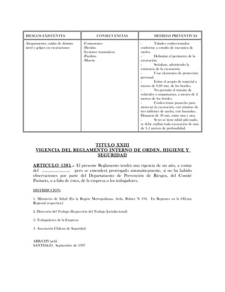 RIESGOS EXISTENTES CONSECUENCIAS MEDIDAS PREVENTIVAS
Atrapamiento, caídas de distinto
nivel y golpes en excavaciones
-Contusiones
-Heridas
-Lesiones traumáticas
-Parálisis
-Muerte
- Taludes confeccionados
conforme a estudio de mecánica de
suelos.
- Delimitar el perímetro de la
excavación.
- Señalizar, advirtiendo la
existencia de la excavación.
- Usar elementos de protección
personal.
- Evitar el acopio de material a
menos de 0,60 mts. de los bordes.
- No permitir el tránsito de
vehículos o maquinarias, a menos de 2
metros de los bordes.
- Confeccionar pasarelas para
atravesar la excavación, con mínimo de
tres tablones de ancho, con barandas.
Distancia de 30 mts. entre una y otra.
- Si no se tiene talud adecuado,
se debe entibar toda excavación de más
de 1,5 metros de profundidad.
TITULO XXIII
VIGENCIA DEL REGLAMENTO INTERNO DE ORDEN, HIGIENE Y
SEGURIDAD
ARTICULO 1381.- El presente Reglamento tendrá una vigencia de un año, a contar
del ........................., pero se entenderá prorrogado automáticamente, si no ha habido
observaciones por parte del Departamento de Prevención de Riesgos, del Comité
Paritario, o a falta de éstos, de la empresa o los trabajadores.
DISTRIBUCIÓN:
1. Ministerio de Salud (En la Región Metropolitana- Avda. Bulnes N 194. En Regiones en la Oficina
Regional respectiva.)
2. Dirección del Trabajo (Inspección del Trabajo Jurisdiccional)
3. Trabajadores de la Empresa
4 Asociación Chilena de Seguridad
ARB/CHV/pchl.
SANTIAGO, Septiembre de 1997
 