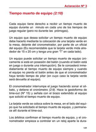 109
Aclaración Nº 3
Tiempo muerto de equipo (2:10)
Cada equipo tiene derecho a recibir un tiempo muerto de
equipo durante un minuto en cada uno de los tiempos de
juego regular (pero no durante las prórrogas).
Un equipo que desea solicitar un tiempo muerto de equipo
debe hacerlo mediante la colocación de una tarjeta verde en
la mesa, delante del cronometrador, por parte de un oficial
del equipo (Es recomendable que la tarjeta verde mida alre-
dedor de 15 x 20 cm y tenga una gran “T” en cada lado).
Un equipo puede solicitar un tiempo muerto de equipo úni-
camente si está en posesión del balón (cuando el balón está
en juego o durante una interrupción). Se le concederá inme-
diatamente el tiempo muerto de equipo siempre y cuando
el equipo no pierda el balón antes de que el cronometrador
haya tenido tiempo de pitar (en cuyo caso la tarjeta verde
será devuelta al equipo).
El cronometrador interrumpe el juego haciendo sonar el sil-
bato, y detiene el cronómetro (2:9). Hace la gestoforma de
time-out (Nº 15) y señala con el brazo extendido al equipo
que solicitó el tiempo muerto de equipo.
La tarjeta verde se coloca sobre la mesa, en el lado del equi-
po que ha solicitado el tiempo muerto de equipo, y permane-
ce allí durante el time-out.
Los árbitros confirman el tiempo muerto de equipo, y el cro-
nometrador empieza a controlar en un reloj aparte la dura-
 