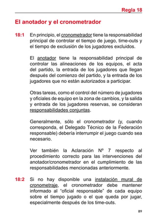 89
El anotador y el cronometrador
18:1	 En principio, el cronometrador tiene la responsabilidad
principal de controlar el tiempo de juego, time-outs y
el tiempo de exclusión de los jugadores excluidos.
	 El anotador tiene la responsabilidad principal de
controlar las alineaciones de los equipos, el acta
del partido, la entrada de los jugadores que llegan
después del comienzo del partido, y la entrada de los
jugadores que no están autorizados a participar.
	 Otras tareas, como el control del número de jugadores
y oficiales de equipo en la zona de cambios, y la salida
y entrada de los jugadores reservas, se consideran
responsabilidades conjuntas.
	 Generalmente, sólo el cronometrador (y, cuando
corresponda, el Delegado Técnico de la Federación
responsable) debería interrumpir el juego cuando sea
necesario.
	 Ver también la Aclaración Nº 7 respecto al
procedimiento correcto para las intervenciones del
anotador/cronometrador en el cumplimiento de las
responsabilidades mencionadas anteriormente.
18:2 	 Si no hay disponible una instalación mural de
cronometraje, el cronometrador debe mantener
informado al “oficial responsable” de cada equipo
sobre el tiempo jugado o el que queda por jugar,
especialmente después de los time-outs.
Regla 18
 