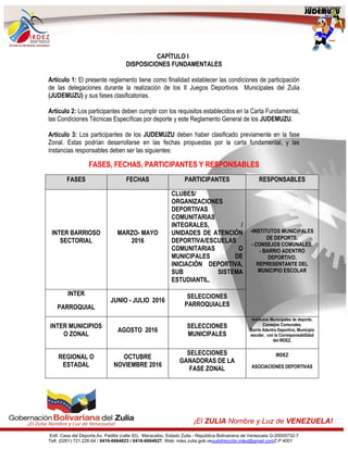 Edif. Casa del Deporte,Av. Padilla (calle 93). Maracaibo, Estado Zulia - República Bolivariana de Venezuela G-20005732-7
Telf. (0261) 721.226.64 / 0416-6664823 / 0416-6664627. Web: irdez.zulia.gob.vesubdirección.irdez@gmail.comZ.P 4001
¡El ZULIA Nombre y Luz de VENEZUELA!
CAPÍTULO I
DISPOSICIONES FUNDAMENTALES
Artículo 1: El presente reglamento tiene como finalidad establecer las condiciones de participación
de las delegaciones durante la realización de los II Juegos Deportivos Municipales del Zulia
(JUDEMUZU) y sus fases clasificatorias.
Artículo 2: Los participantes deben cumplir con los requisitos establecidos en la Carta Fundamental,
las Condiciones Técnicas Específicas por deporte y este Reglamento General de los JUDEMUZU.
Artículo 3: Los participantes de los JUDEMUZU deben haber clasificado previamente en la fase
Zonal. Estas podrían desarrollarse en las fechas propuestas por la carta fundamental, y las
instancias responsables deben ser las siguientes:
FASES, FECHAS, PARTICIPANTES Y RESPONSABLES
FASES FECHAS PARTICIPANTES RESPONSABLES
INTER BARRIOSO
SECTORIAL
MARZO- MAYO
2016
CLUBES/
ORGANIZACIONES
DEPORTIVAS
COMUNITARIAS
INTEGRALES, /
UNIDADES DE ATENCIÓN
DEPORTIVA/ESCUELAS
COMUNITARIAS O
MUNICIPALES DE
INICIACIÓN DEPORTIVA,
SUB SISTEMA
ESTUDIANTIL.
-INSTITUTOS MUNICIPALES
DE DEPORTE.
- CONSEJOS COMUNALES.
- BARRIO ADENTRO
DEPORTIVO.
REPRESENTANTE DEL
MUNICIPIO ESCOLAR
INTER
PARROQUIAL
JUNIO - JULIO 2016
SELECCIONES
PARROQUIALES
INTER MUNICIPIOS
O ZONAL
AGOSTO 2016
SELECCIONES
MUNICIPALES
Institutos Municipales de deporte,
Consejos Comunales,
Barrio Adentro Deportivo, Municipio
escolar, con la Corresponsabilidad
del IRDEZ.
REGIONAL O
ESTADAL
OCTUBRE
NOVIEMBRE 2016
SELECCIONES
GANADORAS DE LA
FASE ZONAL
IRDEZ
ASOCIACIONES DEPORTIVAS
 