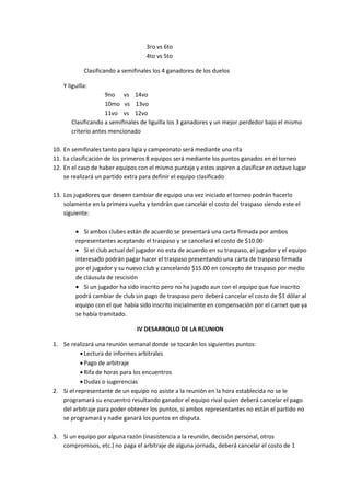 3ro vs 6to
4to vs 5to
Clasificando a semifinales los 4 ganadores de los duelos
Y liguilla:
9no vs 14vo
10mo vs 13vo
11vo vs 12vo
Clasificando a semifinales de liguilla los 3 ganadores y un mejor perdedor bajo el mismo
criterio antes mencionado
10. En semifinales tanto para ligia y campeonato será mediante una rifa
11. La clasificación de los primeros 8 equipos será mediante los puntos ganados en el torneo
12. En el caso de haber equipos con el mismo puntaje y estos aspiren a clasificar en octavo lugar
se realizará un partido extra para definir el equipo clasificado
13. Los jugadores que deseen cambiar de equipo una vez iniciado el torneo podrán hacerlo
solamente en la primera vuelta y tendrán que cancelar el costo del traspaso siendo este el
siguiente:
• Si ambos clubes están de acuerdo se presentará una carta firmada por ambos
representantes aceptando el traspaso y se cancelará el costo de $10.00
• Si el club actual del jugador no esta de acuerdo en su traspaso, el jugador y el equipo
interesado podrán pagar hacer el traspaso presentando una carta de traspaso firmada
por el jugador y su nuevo club y cancelando $15.00 en concepto de traspaso por medio
de cláusula de rescisión
• Si un jugador ha sido inscrito pero no ha jugado aun con el equipo que fue inscrito
podrá cambiar de club sin pago de traspaso pero deberá cancelar el costo de $1 dólar al
equipo con el que había sido inscrito inicialmente en compensación por el carnet que ya
se había tramitado.
IV DESARROLLO DE LA REUNION
1. Se realizará una reunión semanal donde se tocarán los siguientes puntos:
• Lectura de informes arbitrales
• Pago de arbitraje
• Rifa de horas para los encuentros
• Dudas o sugerencias
2. Si el representante de un equipo no asiste a la reunión en la hora establecida no se le
programará su encuentro resultando ganador el equipo rival quien deberá cancelar el pago
del arbitraje para poder obtener los puntos, si ambos representantes no están el partido no
se programará y nadie ganará los puntos en disputa.
3. Si un equipo por alguna razón (inasistencia a la reunión, decisión personal, otros
compromisos, etc.) no paga el arbitraje de alguna jornada, deberá cancelar el costo de 1
 