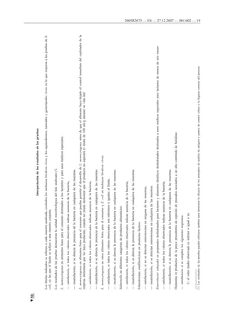 2005R2073 — ES — 27.12.2007 — 001.002 — 19
Interpretacióndelosresultadosdelaspruebas
Loslímitesindicadosserefierenacadamuestraanalizada,excluidoslosmoluscosbivalvosvivosylosequinodermos,tunicadosygasterópodosvivosenloquerespectaalaspruebasdeE.
coli,enlasqueellímiteserefiereaunamuestraconjunta.
Losresultadosdelaspruebasdemuestranlacalidadmicrobiológicadelloteanalizado(1).
L.monocytogenesenalimentoslistosparaelconsumodestinadosaloslactantesyparausosmédicosespeciales:
—satisfactorio,sitodoslosvaloresobservadosindicanausenciadelabacteria,
—insatisfactorio,sisedetectalapresenciadelabacteriaencualquieradelasmuestras.
L.monocytogenesenalimentoslistosparaelconsumoquepuedanpermitireldesarrollodeL.monocytogenesantesdequeelalimentohayadejadoelcontrolinmediatodelexplotadordela
empresaalimentariaqueloshayaproducido,cuandonopuedademostrarqueelproductonosuperaráellímitede100ufc/gdurantesuvidaútil:
—satisfactorio,sitodoslosvaloresobservadosindicanausenciadelabacteria,
—insatisfactorio,sisedetectalapresenciadelabacteriaencualquieradelasmuestras.
L.monocytogenesenotrosalimentoslistosparaelconsumoyE.colienmoluscosbivalvosvivos:
—satisfactorio,sitodoslosvaloresobservadossoninferioresoigualesallímite,
—insatisfactorio,sisedetectalapresenciadelabacteriaencualquieradelasmuestras.
Salmonellaendiferentescategoríasdeproductosalimenticios:
—satisfactorio,sitodoslosvaloresobservadosindicanausenciadelabacteria,
—insatisfactorio,sisedetectalapresenciadelabacteriaencualquieradelasmuestras.
Enterotoxinasestafilocócicasenproductoslácteos:
—satisfactorio,sinosedetectanenterotoxinasenningunadelasmuestras,
—insatisfactorio,sisedetectanenterotoxinasencualquieradelasmuestras.
Enterobactersakazakiienpreparadosdeshidratadosparalactantesyalimentosdietéticosdeshidratadosdestinadosausosmédicosespecialesparalactantesdemenosdeseismeses:
—satisfactorio,sitodoslosvaloresobservadosindicanausenciadelabacteria,
—insatisfactorio,sisedetectalapresenciadelabacteriaencualquieradelasmuestras.
Histaminainproductosdelapescaprocedentesdeespeciesdepescadosasociadosaunaltocontenidodehistidina:
—satisfactoriosisecumplenlossiguientesrequisitos:
1)elvalormedioobservadoesinferioroigualam;
___________
(1)Losresultadosdelaspruebaspuedenutilizarsetambiénparademostrarlaeficaciadelosprincipiosdeanálisisdepeligrosypuntosdecontrolcríticoolahigienecorrectadelproceso.
▼M1
 