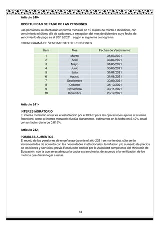 61
Artículo 240-
OPORTUNIDAD DE PAGO DE LAS PENSIONES
Las pensiones se efectuarán en forma mensual en 10 cuotas de marzo a diciembre, con
vencimiento el último día de cada mes, a excepción del mes de diciembre cuya fecha de
vencimiento de pago es el 20/12/2021; según el siguiente cronograma:
CRONOGRAMA DE VENCIMIENTO DE PENSIONES
Ítem Mes Fechas de Vencimiento
1 Marzo 31/03/2021
2 Abril 30/04/2021
3 Mayo 31/05/2021
4 Junio 30/06/2021
5 Julio 31/07/2021
6 Agosto 31/08/2021
7 Septiembre 30/09/2021
8 Octubre 31/10/2021
9 Noviembre 30/11/2021
10 Diciembre 20/12/2021
Artículo 241-
INTERES MORATORIO
El interés moratorio anual es el establecido por el BCRP para las operaciones ajenas al sistema
financiero, como el interés moratorio fluctúa diariamente, estimamos en la fecha en 5.40% anual
con un factor diario de 0.015%.
Artículo 242-
POSIBLES AUMENTOS
El monto de las pensiones de enseñanza durante el año 2021 se mantendrá, sólo serán
incrementadas de acuerdo con las necesidades institucionales, la inflación y/o aumento de precios
de los bienes y servicios, previa Resolución emitida por la Autoridad competente del Ministerio de
Educación, con la que se establezca la cuota extraordinaria, de acuerdo a la verificación de los
motivos que dieran lugar a estas.
 