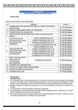 62
CAPÍTULO XII
COSTOS DE TRAMITE DOCUMENTARIO
Artículo 243-
COSTO POR TRÁMITE DOCUMENTARIO
N° TRÁMITE COSTO
1
CONSTANCIA DE (NO ADEUDO, BECAS, TERCIO SUPERIOR,
MATRICULA)
S/ 10.00 Soles
2 RESOLUCIÓN DIRECTORAL DE TRASLADO S/ 10.00 Soles
3 CERFIFICADO DE CONDUCTA S/ 20.00 Soles
4
CERTIFICADO DE ESTUDIOS DEL NIVEL DE EDUCACION
INICIAL
S/ 15.00 Soles
5
CERTIFICADO DE
ESTUDIOS DEL NIVEL
DE EDUCACION
PRIMARIA
1 AÑO CURSADO EN LA IE S/ 10.00 Soles
2 AÑOS CURSADOS EN LA IE S/ 20.00 Soles
3 AÑOS CURSADOS EN LA IE S/ 30.00 Soles
4, 5 y 6 AÑOS CURSADOS EN LA IE S/ 40.00 Soles
6
CERTIFICADO DE
ESTUDIOS DEL NIVEL
DE EDUCACION
SECUNDARIA
1 AÑO CURSADO EN LA IE S/ 10.00 Soles
2 AÑOS CURSADOS EN LA IE S/ 20.00 Soles
3 AÑOS CURSADOS EN LA IE S/ 30.00 Soles
4 AÑOS CURSADOS EN LA IE S/ 40.00 Soles
ALUMNOS DE 5TO AÑO SEC. S/ 50.00 Soles
7
CERT. DE ESTUDIOS
DEL NIVEL DE
EDUCACION
SECUNDARIA
PRIMEROS PUESTOS S/ 50.00 Soles
8 EXÁMEN DE SUBSANACIÓN S/ 70.00 Soles
9 CURSO A CARGO AÑOS ANTERIORES S/ 90.00 Soles
10 COPIA DE LIBRETA DE NOTAS S/ 5.00 Soles
11 AGENDA ESCOLAR S/ 15.00 Soles
Artículo 244-
Procedimiento
 En la recepción de la IE se proporcionara el FUT para la formulación de la solicitud o contactarse
con la IE por algún medio de comunicación valido sea correo institucional, WhastApp o redes
sociales, para proporcionar y recibir el FUT adjuntando el comprobante de pago correspondiente.
 Realizar el pago en la Oficina de Tesorería o en la cuenta bancaria de la IE por los documentos a
solicitar.
 La documentación será entregada únicamente al solicitante
 Los certificados u otros documentos solicitados serán entregados previa coordinación, en ningún
caso se entregaran documentos sin cita previa.
 En el caso de los primeros puestos la fecha de entrega dependerá de la UGEL o SIAGIE, ya que
es el ente encargado para su elaboración o aprobación.
 