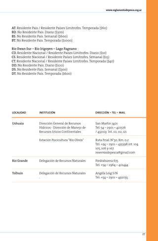 www.reglamentodepesca.org.ar




AT. Residente País / Residente Países Limítrofes. Temporada ($60)
BD. No Residente País. Diario ($300)
BS. No Residente País. Semanal ($600)
BT. No Residente País. Temporada ($1000)

Río Ewan Sur – Río Irigoyen – Lago Fagnano
CD. Residente Nacional / Residente Países Limítrofes. Diario ($10)
CS. Residente Nacional / Residente Países Limítrofes. Semanal ($15)
CT. Residente Nacional / Residente Países Limítrofes. Temporada ($40)
DD. No Residente País. Diario ($100)
DS. No Residente País. Semanal ($300)
DT. No Residente País. Temporada ($600)




localidad         institución                            dirección   - tel - mail

Ushuaia           Dirección General de Recursos          San Martín 1401
                  Hídricos - Dirección de Manejo de      Tel: 54 – 2901 – 422576
                  Recursos Icticos Continentales         / 432103 Int. 111, 112, 121

                  Estación Piscicultura “Río Olivia”     Ruta Pcial. N°30, Km. 0,2
                                                         Tel: +54 – 2901 – 435398 int. 104
                                                         105, 106 y 107
                                                         reservasdepesca@gmail.com

Río Grande        Delegación de Recursos Naturales       Piedrabuena 675
                                                         Tel: +54 – 2964 – 422444

Tolhuin           Delegación de Recursos Naturales       Angela Loig S/N
                  .                                      Tel: +54 – 2901 – 492035




                                                                                                 27
 