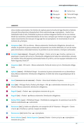 www.reglamentodepesca.org.ar



                                                                    C   Chubut            S   Santa Cruz
                                                                    N   Neuquén           T   Tierra del Fuego

                                                                    R   Rio Negro         P   Parques Nac.



      ambiente


      otros medios autorizados. Sin límites de captura para la trucha de lago (bocón) y Salmón
      chinook (Oncorhynchus tshawytscha). Otros salmónidos ld: 2 ejemplares. - Santa Cruz:
      Habilitado todo el año. Prohibida la pesca en ambas márgenes dentro de los 100 metros
      desde las nacientes y desembocaduras de los ríos o arroyos que viertan sus aguas u origi-
      nados (nacimientos de ríos) por el Lago. ld: Dos (2) ejemplares. Se recomienda el uso de
      motores de 4 tiempos.

P     Arra­ a­ es [río] - P.N. Los Aler­ es - Mosca solamente. Devolución obligatoria. Anzuelo sin
          y n                          c
      rebaba. Se permite la pesca embarcado únicamente con motor detenido y el uso de motor
      para remontarlo a velocidad mínima. Se prohibe el uso de motores 2 tiempos carburados.

N R   Arro­ i­ o [la­ o em­ al­ e] - Neu­ uén y Río Ne­ ro - Cierre: 31/10/12. ld: 1 trucha, 2 percas y 20
           yt       g     b s           q             g
      pejerreyes. A partir del 02/05/12: Devolución obligatoria de todos los salmónidos, anzuelo
      sin rebaba. Pesca del pejerrey autorizada hasta el 15/08/12, con los equipos indicados en la
      Parte Segunda, Punto 6º.

P     Au­ uin­ o [río] - P.N. La­ ín - Mosca solamente. Fecha de inicio 15/11/11. Devolución obliga-
         q   c                  n
      toria.

P     Ay­ uín [arro­ o] - P.N­Na­ uel Hua­ i - Se autoriza la pesca únicamente en su desemboca-
        h          y         . h         p
      dura, Mosca solamente. Devolución obligatoria. Se debe dar aviso al guardaparque de la
      Seccional.

C     Azud [de­ i­ a­ or del río sen­ uerr] - Chu­ ut - Área Azud vedada a la pesca.
              rv d                  g            b

P C   Azul [río] - P.N­La­ o Pue­ o, Chu­ ut y Río Ne­ ro - P.N.: ld: 2 salmónidos menores de 35 cm.
                      . g       l       b            g
R     Chubut: Mosca solamente, devolución obligatoria.

C     Ba­ uilt [la­ o] - Chu­ ut - ld: 2 ejemplares menores de 35 cm.
        g         g         b

C     Ba­ uilt [río] - Chu­ ut - ld: Mosca solamente. Devolución obligatoria.
        g                 b

P     Bai­ ey Wi­ lis [lago] - P.N­Na­ uel Hua­ i - Prohibida la navegación. Se autoriza el uso de flo-
         l      l        ­        . h         p
      tadores individuales. ld: 1 salmónido.

N     Ba­ ran­ as [río] ) y todos sus afluentes, con excepción del Aº Huaraco – Neuquén – Cierre:
         r   c
      1/05/12. ld: 2 truchas y 2 percas. Carpas sin límite.

S     Ba­ ran­ oso [río] Santa Cruz - ld: 2 ejemplares.
        r    c

C     Ber­ a In­ e­ ior [lago] - Ber­ a Su­ e­ ior [la­ u­ a] Chu­ ut - Cierre 31/03/12. ld: 2 ejemplares
         t     f r         ­        t     p r         g n        b
      menores de 35 cm.

                                                                                                            33
 