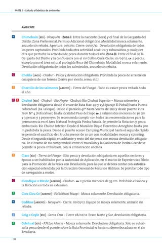 parte 3 - Listado alfabético de ambientes




          ambiente


N         Chimehuín [río] - Neuquén - Zona I: Entre la naciente (Boca) y el final de la Garganta del
          Diablo: Zona Preferencial, Permiso Adicional obligatorio. Modalidad mosca solamente,
          anzuelo sin rebaba. Apertura: 01/12/11. Cierre: 01/05/12. Devolución obligatoria de todos
          los peces capturados. Prohibida toda otra actividad acuática y subacuática, y cualquier
          otra que perturbe la actividad de pesca durante todo el año. Zona II: Entre el final de la
          Garganta del Diablo y la confluencia con el río Collón Curá: Cierre: 01/05/12. ld: 2 percas,
          excepto para el área natural protegida Boca del Chimehuín. Modalidad mosca solamente.
          Devolución obligatoria de todos los salmónidos, anzuelo sin rebaba.

C         Cholila [lago] - Chubut - Pesca y devolución obligatoria. Prohibida la pesca de arrastre en
          cualquiera de sus formas (deriva por viento, remo, etc.)

T         Chorrillo de los salmones [arroyo] - Tierra del Fuego - Todo su cauce pesca vedada todo
          el año.

C    R    Chubut [río] - Chubut - Río Negro - Chubut: Río Chubut Superior – Mosca solmente y
          devolución obligatoria desde el cruce de Ruta Nac. 40 y 258 (paraje El Pichal) hasta Puesto
          Fofocahuel (Ea. Leleque). Desde el paralelo 42º hasta Vuelta del Río y desde puente Ruta
          Prov. Nº 4 (Fofocahuel) hasta localidad Paso del Sapo ld: 3 salmónidos menores de 30 cm
          y 3 percas y 3 pejerreyes. Se recomienda cumplir con todas las recomendaciones para la
          permanencia en el Área Natural Protegida Piedra Parada. Se permite la flotacion y pesca
          embarcado. Río Chubut Inferior: Desde el Murallón Dique Florentino Ameghino hasta 500
          m prohibida la pesca. Desde el puente acceso Camping Municipal hasta el segundo rápido
          se permite el sacrificio de 1 trucha menor de 30 cm con modalidades mosca y spinning.
          Desde el segundo rápido en adelante y resto del río pesca con mosca devolución obligato-
          ria. En el tramo de río comprendido entre el murallón y la Caolinera de Piedra Grande se
          permite la pesca embarcada, con la embarcación anclada.

T         Cla­ o [río] - Tie­ ra del Fue­ o - Sólo pesca y devolución obligatoria en aquellos sectores y
             r              r           g
          épocas a ser habilitados por la Autoridad de Aplicación, en el marco de Experiencias Piloto
          para la Promoción de la Pesca con Devolución, para lo que se deberá contar con autoriza-
          ción especial extendida por la Dirección General de Recursos Hídricos. Se prohíbe todo tipo
          de navegación a motor.

C         Clondique o Breide [arro­ o] - Chubut - ld: 2 piezas menores de 35 cm. Prohibido el vadeo y
                                    y
          la flotación en toda su extensión.

P         Clou Clou Co [arro­ o] - P.N­Na­ uel Hua­ i - Mosca solamente. Devolución obligatoria.
                            y         . h         p

N         Co­ i­ ue [arro­ o] - Neu­ uén - Cierre: 01/05/12. Equipo de mosca solamente, anzuelo sin
            dh           y         q
          rebaba.

S         Coig o Coy­ e [río] - San­ a Cruz - Cierre 28/02/12. Brazo Norte y Sur, devolución obligatoria.
                    l              t

P         Co­ e­ ual [río] - P.N­Los Aler­ es - Mosca solamente. Devolución obligatoria. Sólo se autori-
             l h                .        c
          za la pesca desde el puente sobre la Ruta Provincial 71 hasta su desembocadura en el río
          Rivadavia.

36
 