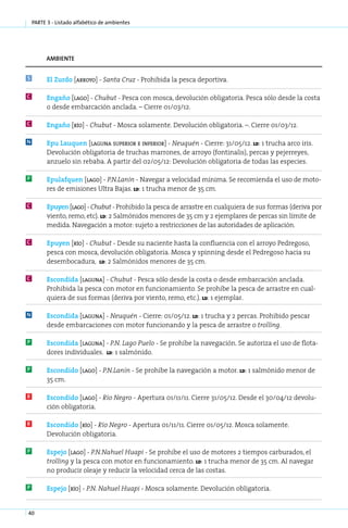 parte 3 - Listado alfabético de ambientes




          ambiente


S         El Zur­ o [arro­ o] - San­ a Cruz - Pro­ i­ i­ a la pes­ a de­ or­ i­ a.
                d        y         t             hbd             c     p tv

C         En­ a­ o [la­ o] - Chu­ ut - Pesca con mosca, devolución obligatoria. Pesca sólo desde la costa
             g ñ      g         b
          o desde embarcación anclada. – Cierre 01/03/12.

C         En­ a­ o [río] - Chu­ ut - Mosca solamente. Devolución obligatoria. –. Cierre 01/03/12.
            g ñ               b

N         Epu Lau­ uen [la­ u­ a superior e inferior] - Neu­ uén - Cierre: 31/05/12. ld: 1 trucha arco iris.
                 q        g n                              q
          Devolución obligatoria de truchas marrones, de arroyo (fontinalis), percas y pejerreyes,
          anzuelo sin rebaba. A partir del 02/05/12: Devolución obligatoria de todas las especies.

P         Epu­ af­ uen [la­ o] - P.N­La­ ín - Navegar a velocidad mínima. Se recomienda el uso de moto-
              l q         g         . n
          res de emisiones Ultra Bajas. ld: 1 trucha menor de 35 cm.

C         Epu­ en [la­ o] - Chu­ ut - Prohibido la pesca de arrastre en cualquiera de sus formas (deriva por
             y       g         b
          viento, remo, etc). ld: 2 Salmónidos menores de 35 cm y 2 ejemplares de percas sin límite de
          medida. Navegación a motor: sujeto a restricciones de las autoridades de aplicación.

C         Epu­ en [río] - Chu­ ut - Desde su naciente hasta la confluencia con el arroyo Pedregoso,
             y               b
          pesca con mosca, devolución obligatoria. Mosca y spinning desde el Pedregoso hacia su
          desembocadura, ld: 2 Salmónidos menores de 35 cm.

C         Es­ on­ i­ a [la­ u­ a] - Chubut - Pesca sólo desde la costa o desde embarcación anclada.
            c dd          g n
          Prohibida la pesca con motor en funcionamiento. Se prohíbe la pesca de arrastre en cual-
          quiera de sus formas (deriva por viento, remo, etc.). ld: 1 ejemplar.

N         Es­ on­ i­ a [la­ u­ a] - Neuquén - Cierre: 01/05/12. ld: 1 trucha y 2 percas. Prohibido pescar
            c dd          g n
          desde embarcaciones con motor funcionando y la pesca de arrastre o trolling.

P         Es­ on­ i­ a [la­ u­ a] - P.N. Lago Puelo - Se prohíbe la navegación. Se autoriza el uso de flota-
            c dd          g n
          dores individuales. ld: 1 salmónido.

P         Es­ on­ i­ o [la­ o] - P.N­La­ ín - Se prohíbe la navegación a motor. ld: 1 salmónido menor de
            c dd          g         . n
          35 cm.

R         Es­ on­ i­ o [la­ o] - Río Ne­ ro - Apertura 01/11/11. Cierre 31/05/12. Desde el 30/04/12 devolu-
            c dd          g            g
          ción obligatoria.

R         Es­ on­ i­ o [río] - Río Ne­ ro - Apertura 01/11/11. Cierre 01/05/12. Mosca solamente.
            c dd                     g
          Devolución obligatoria.

P         Es­ e­ o [la­ o] - P.N­Na­ uel Hua­ i - Se prohíbe el uso de motores 2 tiempos carburados, el
            p j       g         . h         p
          trolling y la pesca con motor en funcionamiento. ld: 1 trucha menor de 35 cm. Al navegar
          no producir oleaje y reducir la velocidad cerca de las costas.

P         Es­ e­ o [río] - P.N. Na­ uel Hua­ i - Mos­ a so­ a­ en­ e. De­ o­ u­ ión obli­ a­ o­ ia.
            p j                   h        p        c     l m t         v l c           g t r


40
 