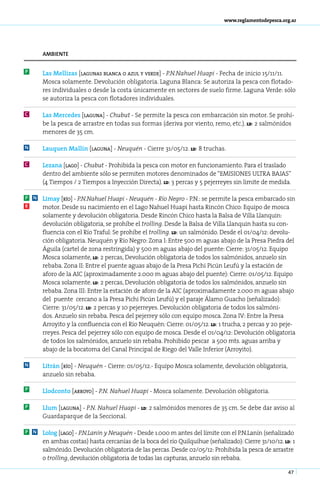 www.reglamentodepesca.org.ar




        ambiente


P       Las Me­ li­ as [la­ u­ as blan­ a o azul y ver­ e] - P.N­Na­ uel Hua­ i - Fecha de inicio 15/11/11.
               l z        g n         c               d         . h         p
        Mosca solamente. Devolución obligatoria. Laguna Blanca: Se autoriza la pesca con flotado-
        res individuales o desde la costa únicamente en sectores de suelo firme. Laguna Verde: sólo
        se autoriza la pesca con flotadores individuales.

C       Las Mer­ e­ es [la­ u­ a] - Chu­ ut - Se permite la pesca con embarcación sin motor. Se prohí-
                c d       g n          b
        be la pesca de arrastre en todas sus formas (deriva por viento, remo, etc.). ld: 2 salmónidos
        menores de 35 cm.

N       Lau­ uen Ma­ lín [la­ u­ a] - Neu­ uén - Cierre 31/05/12. ld: 8 truchas.
           q       l        g n          q

C       Le­ a­ a [lago] - Chu­ ut - Prohibida la pesca con motor en funcionamiento. Para el traslado
           z n      ­        b
        dentro del ambiente sólo se permiten motores denominados de “EMISIONES ULTRA BAJAS”
        (4 Tiempos / 2 Tiempos a Inyección Directa). ld: 3 percas y 5 pejerreyes sin limite de medida.

P   N   Li­ ay [río] - P.N­Na­ uel Hua­ i - Neu­ uén - Río Ne­ ro - P.N.: se permite la pesca embarcado sin
          m               . h           p       q             g
R       motor. Desde su nacimiento en el Lago Nahuel Huapi hasta Rincón Chico: Equipo de mosca
        solamente y devolución obligatoria. Desde Rincón Chico hasta la Balsa de Villa Llanquin:
        devolución obligatoria, se prohíbe el trolling. Desde la Balsa de Villa Llanquin hasta su con-
        fluencia con el Río Traful: Se prohíbe el trolling. ld: un salmónido. Desde el 01/04/12: devolu-
        ción obligatoria. Neuquén y Río Negro: Zona I: Entre 500 m aguas abajo de la Presa Piedra del
        Águila (cartel de zona restringida) y 500 m aguas abajo del puente: Cierre: 31/05/12. Equipo
        Mosca solamente, ld: 2 percas, Devolución obligatoria de todos los salmónidos, anzuelo sin
        rebaba. Zona II: Entre el puente aguas abajo de la Presa Pichi Picún Leufú y la estación de
        aforo de la AIC (aproximadamente 2.000 m aguas abajo del puente): Cierre: 01/05/12. Equipo
        Mosca solamente. ld: 2 percas, Devolución obligatoria de todos los salmónidos, anzuelo sin
        rebaba. Zona III: Entre la estación de aforo de la AIC (aproximadamente 2.000 m aguas abajo
        del puente cercano a la Presa Pichi Picún Leufú) y el paraje Álamo Guacho (señalizado):
        Cierre: 31/05/12. ld: 2 percas y 10 pejerreyes. Devolución obligatoria de todos los salmóni-
        dos. Anzuelo sin rebaba. Pesca del pejerrey sólo con equipo mosca. Zona IV: Entre la Presa
        Arroyito y la confluencia con el Río Neuquén: Cierre: 01/05/12. ld: 1 trucha, 2 percas y 20 peje-
        rreyes. Pesca del pejerrey sólo con equipo de mosca. Desde el 01/04/12: Devolución obligatoria
        de todos los salmónidos, anzuelo sin rebaba. Prohibido pescar a 500 mts. aguas arriba y
        abajo de la bocatoma del Canal Principal de Riego del Valle Inferior (Arroyito).

N       Li­ rán [río] - Neu­ uén - Cierre: 01/05/12.- Equipo Mosca solamente, devolución obligatoria,
          t                q
        anzuelo sin rebaba.

P       Llodconto [arroyo] - P.N. Nahuel Huapi - Mosca solamente. Devolución obligatoria.

P       Llum [laguna] - P.N. Nahuel Huapi - ld: 2 salmónidos menores de 35 cm. Se debe dar aviso al
        Guardaparque de la Seccional.

P N     Lo­ og [la­ o] - P.N­La­ ín y Neu­ uén - Desde 1.000 m antes del límite con el P.N.Lanín (señalizado
           l      g         . n          q
        en ambas costas) hasta cercanías de la boca del río Quilquihue (señalizado): Cierre 31/10/12. ld: 1
        salmónido. Devolución obligatoria de las percas. Desde 02/05/12: Prohibida la pesca de arrastre
        o trolling, devolución obligatoria de todas las capturas, anzuelo sin rebaba.

                                                                                                         47
 
