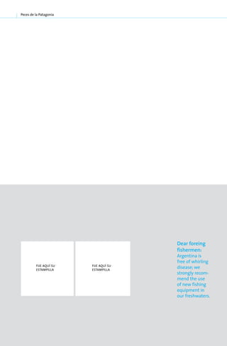 Peces de la Patagonia




                                        Dear foreing
                                        fishermen:
                                        Argentina is
                                        free of whirling
          fije aquí su   fije aquí su
          estampilla     estampilla
                                        disease; we
                                        strongly recom-
                                        mend the use
                                        of new fishing
                                        equipment in
                                        our freshwaters.




76
 