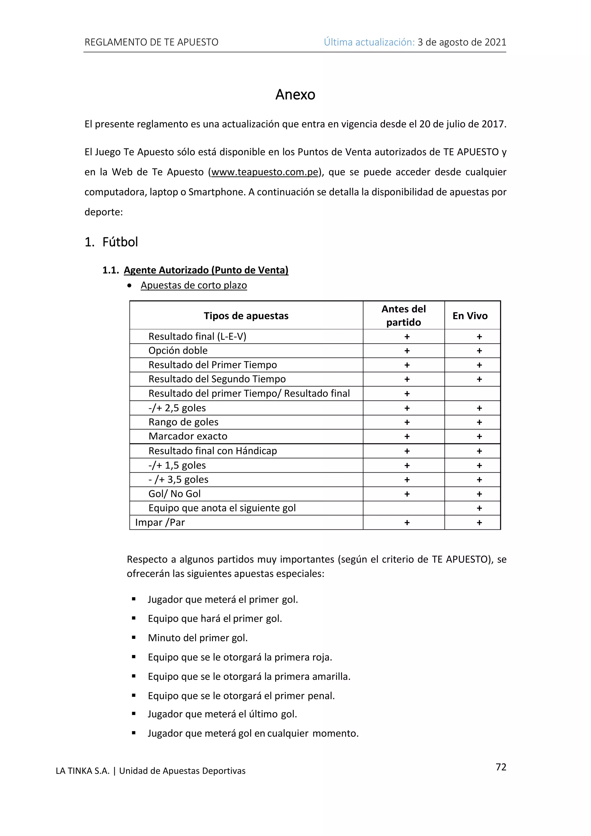 REGLAMENTO DE TE APUESTO Última actualización: 3 de agosto de 2021
72
LA TINKA S.A. | Unidad de Apuestas Deportivas
Anexo
El presente reglamento es una actualización que entra en vigencia desde el 20 de julio de 2017.
El Juego Te Apuesto sólo está disponible en los Puntos de Venta autorizados de TE APUESTO y
en la Web de Te Apuesto (www.teapuesto.com.pe), que se puede acceder desde cualquier
computadora, laptop o Smartphone. A continuación se detalla la disponibilidad de apuestas por
deporte:
1. Fútbol
1.1. Agente Autorizado (Punto de Venta)
• Apuestas de corto plazo
Tipos de apuestas
Antes del
partido
En Vivo
Resultado final (L-E-V) + +
Opción doble + +
Resultado del Primer Tiempo + +
Resultado del Segundo Tiempo + +
Resultado del primer Tiempo/ Resultado final +
-/+ 2,5 goles + +
Rango de goles + +
Marcador exacto + +
Resultado final con Hándicap + +
-/+ 1,5 goles + +
- /+ 3,5 goles + +
Gol/ No Gol + +
Equipo que anota el siguiente gol +
Impar /Par + +
Respecto a algunos partidos muy importantes (según el criterio de TE APUESTO), se
ofrecerán las siguientes apuestas especiales:
▪ Jugador que meterá el primer gol.
▪ Equipo que hará el primer gol.
▪ Minuto del primer gol.
▪ Equipo que se le otorgará la primera roja.
▪ Equipo que se le otorgará la primera amarilla.
▪ Equipo que se le otorgará el primer penal.
▪ Jugador que meterá el último gol.
▪ Jugador que meterá gol en cualquier momento.
 