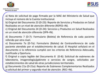 Estado Plurinacional de Bolivia
Ministerio de Salud
a) Nota de solicitud de pago firmado por la MAE del Ministerio de Salud que
incluya el número de la Cuenta Institucional.
b) Original del Documento 23 (D-23): Reporte de Servicios y Productos en Salud
Realizados en un nivel de atención diferente (REPES–IN).
c) Original del Documento 24 (D-24): Servicios y Productos en Salud Realizados
en un nivel de atención diferente (SPR–IN).
d) Documento 7 (D-7): Formulario (Boleta) de Referencia de cada paciente
referido por otro nivel.
e) Documento 7a (D-7a): Formulario (Boleta) de Contrareferencia de cada
paciente atendido por el establecimiento de salud. El Hospital señalará en el
documento si la referencia cumplió con los criterios de Referencia Adecuada,
Justificada y Oportuna.
f) Original o copia legible del Documento 8 (D-8): Solicitud de exámenes de
laboratorio, imagenología/gabinete o servicios de sangre, solicitados por
establecimientos de salud de otras jurisdicciones territoriales.
g) Documento 21a (D-21a): Reporte de Exámenes Complementarios Realizados
a solicitud del primer y segundo nivel de atención. (REC–IN).
 