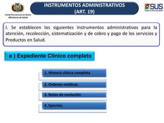 Estado Plurinacional de Bolivia
Ministerio de Salud
a ) Expediente Clínico completo
INSTRUMENTOS ADMINISTRATIVOS
(ART. 19)
I. Se establecen los siguientes instrumentos administrativos para la
atención, recolección, sistematización y de cobro y pago de los servicios y
Productos en Salud.
1. Historia clínica completa
2. Ordenes médicas.
3. Notas de evolución
4. Epicrisis.
 