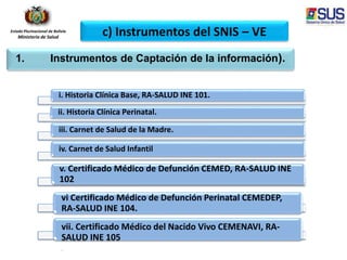 Estado Plurinacional de Bolivia
Ministerio de Salud
c) Instrumentos del SNIS – VE
i. Historia Clínica Base, RA-SALUD INE 101.
ii. Historia Clínica Perinatal.
iii. Carnet de Salud de la Madre.
iv. Carnet de Salud Infantil
v. Certificado Médico de Defunción CEMED, RA-SALUD INE
102
vi Certificado Médico de Defunción Perinatal CEMEDEP,
RA-SALUD INE 104.
vii. Certificado Médico del Nacido Vivo CEMENAVI, RA-
SALUD INE 105
.
1. Instrumentos de Captación de la información).
 