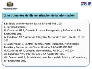 Estado Plurinacional de Bolivia
Ministerio de Salud
2.Instrumentos de Sistematización de la información:
i. Módulo de Información Básica, RA-SNIS MIB 200.
ii. Carpeta Familiar.
iii. Cuaderno Nº 1, Consulta Externa, Emergencias y Enfermería, RA-
SALUD INE 201.
iv. Cuaderno Nº 2, Atención Integral al Menor de 5 años, RA-SALUD INE
202.
v. Cuaderno Nº 3, Control Prenatal, Parto, Puerperio, Planificación
Familiar y Prevención de Cáncer Uterino, RA-SALUD INE 203.
vi. Cuaderno Nº 4, Consulta Odontológica, RA-SALUD INE 204.
vii. Cuaderno Nº 5, Internaciones, RA-SALUD INE 205.
viii. Cuaderno Nº 6, Actividades con el Personal de Salud y la Comunidad,
RA-SALUD INE 206.
 