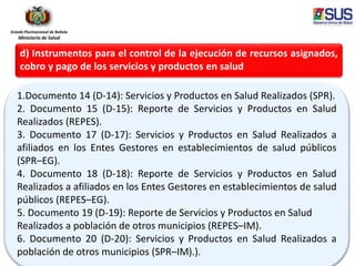 Estado Plurinacional de Bolivia
Ministerio de Salud
d) Instrumentos para el control de la ejecución de recursos asignados,
cobro y pago de los servicios y productos en salud
1.Documento 14 (D-14): Servicios y Productos en Salud Realizados (SPR).
2. Documento 15 (D-15): Reporte de Servicios y Productos en Salud
Realizados (REPES).
3. Documento 17 (D-17): Servicios y Productos en Salud Realizados a
afiliados en los Entes Gestores en establecimientos de salud públicos
(SPR–EG).
4. Documento 18 (D-18): Reporte de Servicios y Productos en Salud
Realizados a afiliados en los Entes Gestores en establecimientos de salud
públicos (REPES–EG).
5. Documento 19 (D-19): Reporte de Servicios y Productos en Salud
Realizados a población de otros municipios (REPES–IM).
6. Documento 20 (D-20): Servicios y Productos en Salud Realizados a
población de otros municipios (SPR–IM).).
 